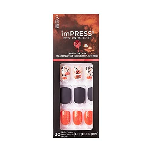 KISS imPRESS Limited Edition Halloween Press-On Nails, Glow-In-The-Dark, PureFit Technology, ‘Hey boo-tiful’, with Prep Pad, Mini File, Cuticle Stick, & 30 Fake Nails