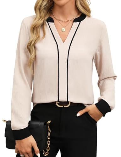 Fayenne Womens Long Sleeve Tops Dressy Casual V Neck Color Block Business Casual Outfits Work Blouses Office Shirts Apricot