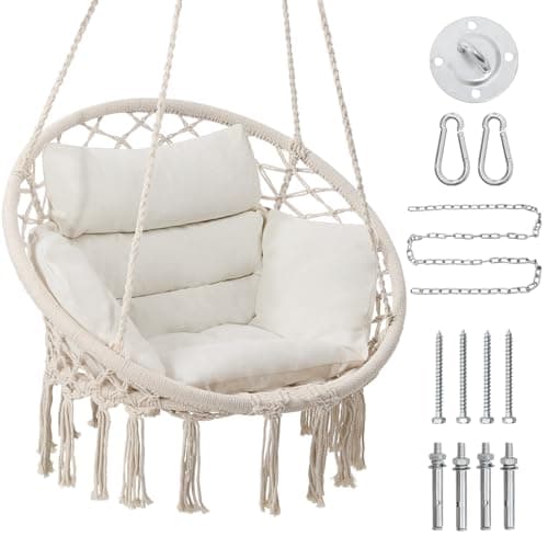 KROFEM Macrame Hammock Hanging Swinging Chair with Medium Cushion, Perfect for Bedroom, Porch, Adults, Balcony, Beige