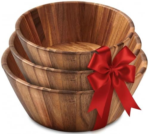 Woodenhouse Wooden Bowls, Wooden Salad Bowl Set of 3 - Round Design Large Salad Bowl Set for Serving, Handmade, Durable and Stylish Natural Wood Dining Accessory
