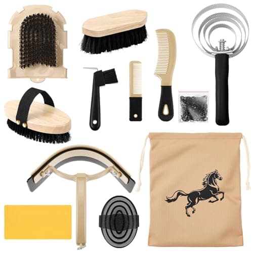 Abbylike 12 Pieces Horse Grooming Kit Racing Festival Tack Room Supplies Horse Brush Sets Equine Care Cleaning Kit Shedding Grooming Massaging Tools(Black)