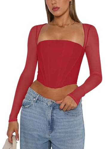 REORIA Women Fall Mesh Long Sleeve Boned Ruched Square Neck Corset Night Out Slim Fitted Sexy Bustier Tops (Red Medium)