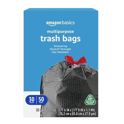 Amazon Basics 30 Gallon Flextra Strength Multipurpose Drawstring Trash Bags, 20% Post Consumer Recycled, 50 count