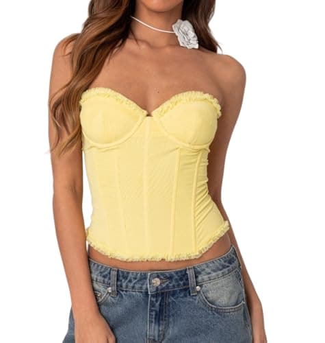 Luckinbaby Women Y2k Bustier Corset Tops Sexy Strapless Lace Up Boned Mesh Bustier Tops Going Out Overbust Corset Top(Yellow,M)