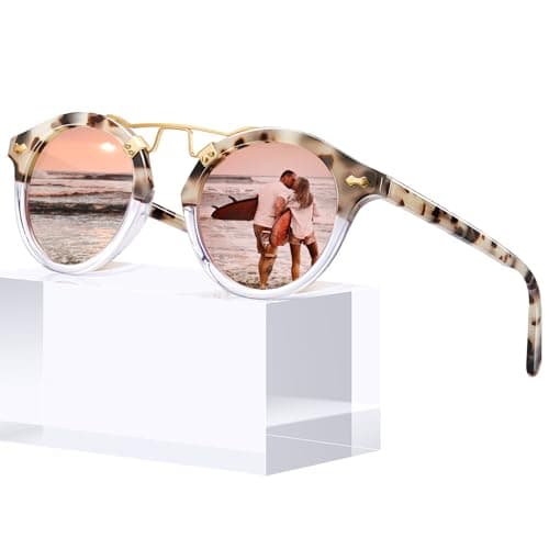 CARFIA Small Pink Mirrored Polarized Sunglasses for Women UV Protection, Acetate Eyewear Double Bridge Metal Brow Sunnies