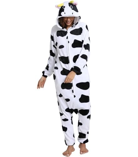Hundredmore Unisex Adult Animal Onesie Pajamas, Men Women One Piece Cartoon Cow Halloween Costume
