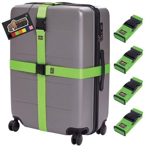 Gorilla Grip Heavy Duty 4 Pack Adjustable Luggage Straps for Suitcases, Easy to Identify Travel Belt Connector Holds Suitcase Together, Extends Life of Bag, Strap Connects Two Bags, Accessories Green