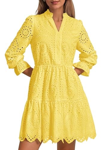 PRETTYGARDEN Women's Spring 2025 Long Puff Sleeve Mini Dress Hollow Out Lace V Neck A Line Ruffle Casual Party Dresses (Yellow,Medium)