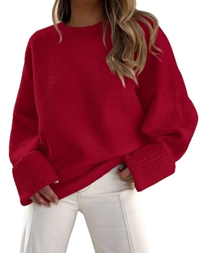 PRETTYGARDEN Women's Fall Oversized Sweaters Casual Crewneck Pullover Long Sleeve Fuzzy Chunky Knit Tops Blouse (Red,Medium)