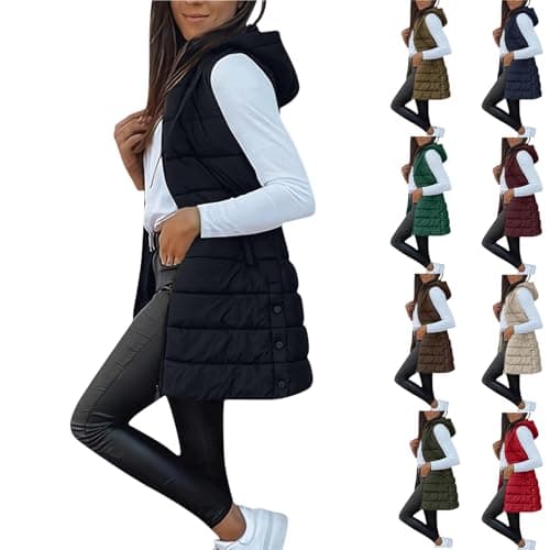 RRMuAzgs vest for women Long Puffer Vest Women Winter Hooded Sleeveless Coat Warm Quilted Vest Jacket Zip Up Puffy Coat fall warm Outerwear Black L
