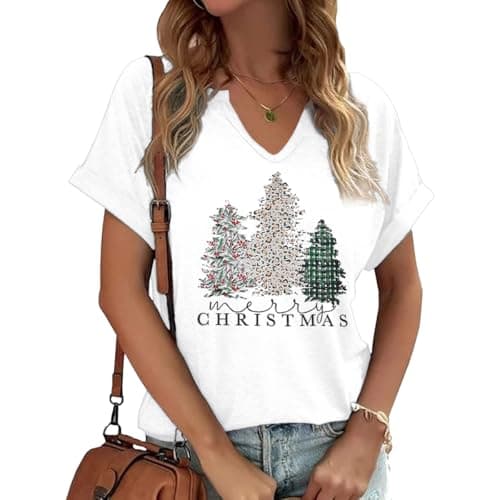 Scgirl Womens Christmas T-Shirts Short Sleeve V Neck Christmas Tree T-Shirts Christmas Lights Graphic Tee Tops (L,XMS 1 White)