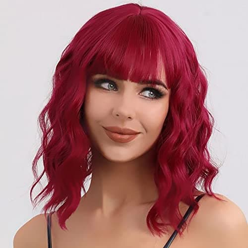 Short Red Wig with Bangs Curly Bob Wigs for Women Natural Looking Synthetic Hair Wigs Heat Resistant Fiber Wig Cosplay Costume Halloween Wigs (Red)