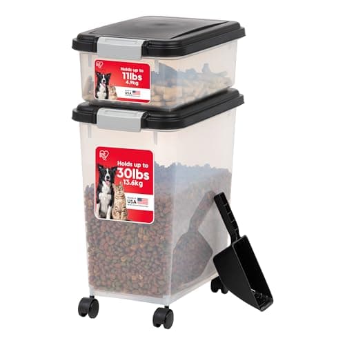 IRIS USA 30 lbs & 11 lbs Combo Airtight Dog Food Storage Container, Stackable Treat Box, 2-Cup Scoop, Wheels, Keep Fresh, Easy Mobility, Black