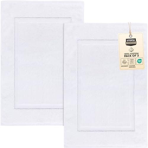 Utopia Towels Cotton Banded Rug, Bath Mats, Not a Bathroom Rug, 21 by 34 Inches, 100% Ring Spun Cotton, Highly Absorbent Shower Bathroom Floor Mat, White, 2 Pack