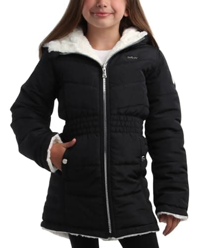 DKNY Girls’ Jacket – Reversible Heavyweight Quilted Parka Coat with Sherpa Lining – Reversible Jacket for Girls (4-16), Size 14-16, Solid Black/Cream