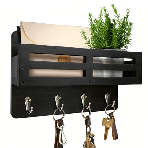 KISENG Key Holder Wall Mount, 10 inch Decorative Key and Mail Holder for Wall, with Mail Organizer & 4 Key Hooks, Rustic Wooden Key Rack for Hanging Dog Leash Sunglasses, Entryway Key Hanger, Black