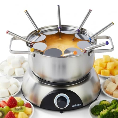 CUSIMAX Electric Fondue Set, 1500W Electric Fondue Pot with Luminous Control Dial, 8 Colour Coded Stainless Steel Forks, For Chocolate, Cheese, Broth, Oil, Stainless Steel Fondue Maker, 1.4Quart