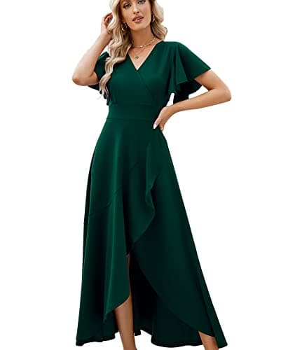 ZZV Formal Dresses for Women,Gowns Evening Party Cocktail Dress,Long Split Elegant V Neck Wrap Ruffle Wedding Guest Dresses Dark Green-L