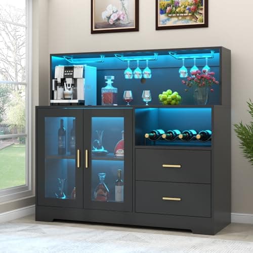 Auromie Wine Bar Cabinet with LED Light, Home Coffee Cabinet with Wine and Glass Rack, Kitchen Buffet Sideboard with Storage Cabinet&Drawers, Modern Liquor Cabinet for Living Room Dining Room (Black)