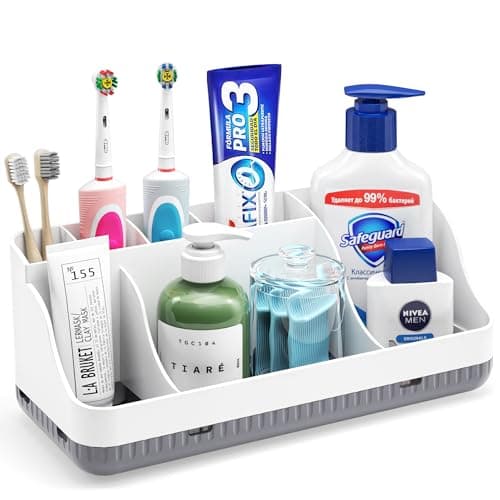 Bathroom Counter Organizer and Storage, 7 Slots Detachable Toothbrush Holders for Bathrooms, Anti-Slip Electric Toothbrush and Toothpaste Holder Countertop Vanity Organizer Accessories for Adults Kids