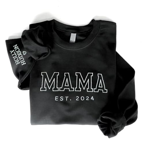 GODMERCH Personalized Embroidered Mama Sweatshirt With Kid Names On Sleeve, Mom Sweatshirt For Women, Gifts For Mom Grandma Mothers Day Christmas, New Mom Gifts