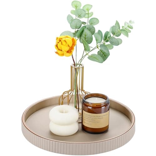GORESE Round Decorative Tray for Coffee Table Decor, 12" PU Leather Serving tray Table Centerpiece Home Decor, Desk Valet Tray for Trinket Jewelry Perfume Key, Ottoman Tray Nightstand Organizer, Biege