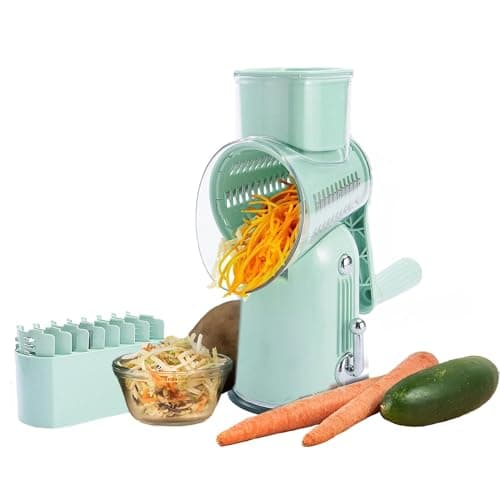 Chef Power 5 in 1 Cheese Grater for Kitchen, Shredder 5 Interchangeable Blades, Rotary Grater with Handle, Tumbling Box Mandoline Vegetable Julienne Slicer Cutter Nut Chopper with Storage Light Green