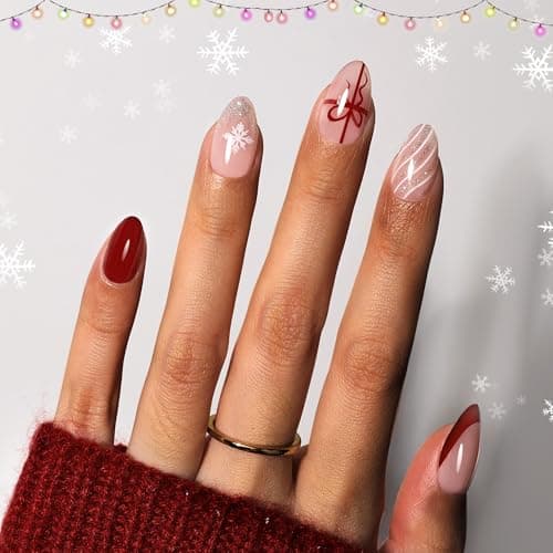 Beetles Christmas Press On Nails - Christmas Bow | Short Almond Press On Nails | 32Pcs 16 Sizes Natural Salon Quality Red French Nail Tips With Quick-drying Nail Glue For Women