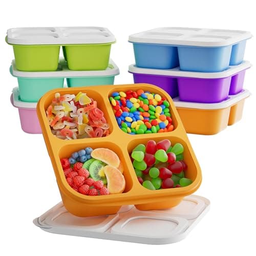 KEMETHY 6 Pcs Bento Snack Containers, Reusable 4 Compartment Food Storage Container with Lids, Divided Lunchable Container, Freezer, Microwave & Dishwasher Safe (6 Color)