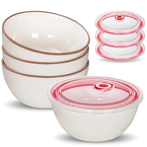 Gencywe 4 Pack Ceramic Bowls with Lids, 28 oz Kitchen Bowl Set for Cereal, Salad, Soup, Pasta, Dessert, Serving, Ramen, Oatmeal, Nut, Dishwasher & Oven & Microwave Safe