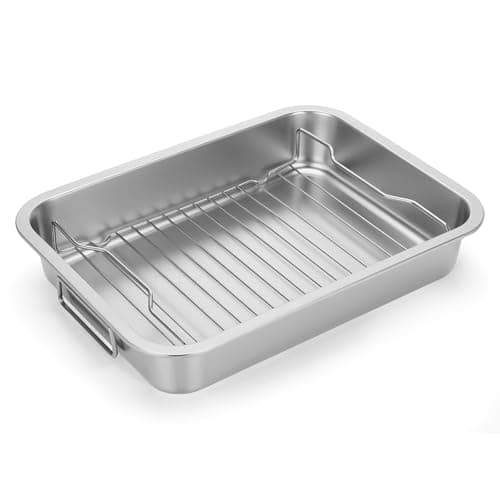 Tifanso Stainless Steel Roasting Pan - Heavy Duty Turkey Roasting Baking Broiler Oven Pan with Rack and Handle for Oven, High Sided Easy to Clean Induction Roast Tray for Chicken, Vegetable, Lasagna