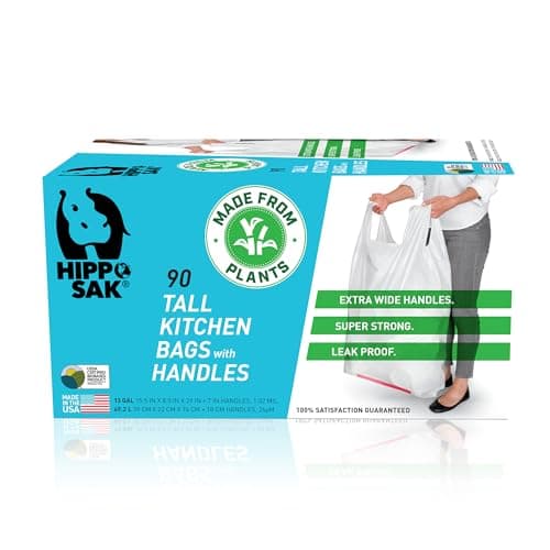 Hippo Sak - Plant Based Tall Kitchen Garbage Bags with Ergonomic Handles - 13 Gallon Trash Bags - Recyclable & Eco Friendly - Super Strong and Leak Proof Tall Kitchen Trash Bags (90 Count)