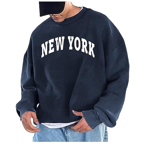 Men's Letter Graphic Print Pullover Crewneck New York Sweatshirt Casual Long Sleeve Tops Oversized StreetwearMen Sweater Trendy Clothes for Women 2024 Graphic Sweatshirts,(A-Navy,XL)