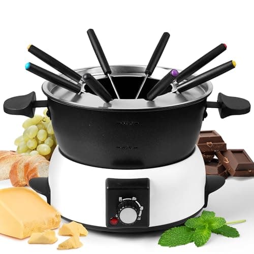 Saenchue 3-Quart Electric Fondue Pot Set – Stainless Steel Fondue Pot with 8 Color-Coded Forks, 3-Mode Adjustable Temperature Control for Cheese, Chocolate, Oil, and Hotpot, Model FD-10B