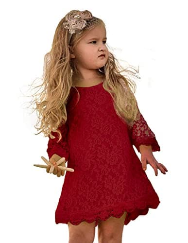 Flower Girl Dress, Lace Dress 3/4 Sleeve Dress (Red, 4T)