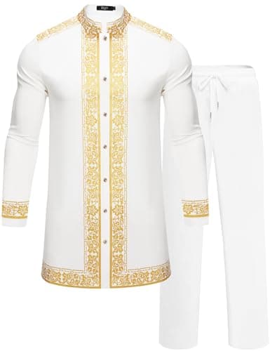 ZSJR Mens African 2 Piece Set Nigerian Dashiki Metallic Traditional Suit Gold Stamp Printed Shirt and Pants Outfit