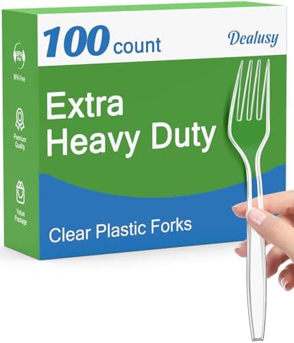 Dealusy 100 Count Extra Heavy Duty Clear Plastic Forks Disposable, BPA-Free, Heat Resistant, Solid and Durable Disposable Forks Bulk, Premium Plastic Forks heavy duty for Party Supply