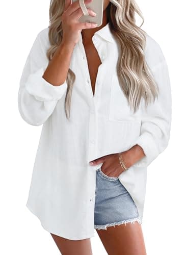 Astylish Womens Lightweight Loose Fit Flowy Tunic Tops Office Casual Spring Summer Linen Cotton Gauze Button Up Shirts Roll Up Long Sleeve V Neck Camp Trendy Soft Cute Simple Blouses White Small