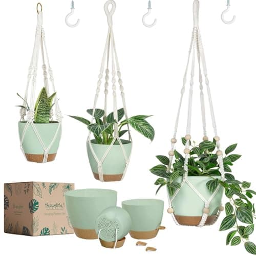 Bouqlife Self Watering Hanging Planters for Indoor Plants 3 Pack Macrame Plant Hangers with Drainage Holes Pots and Hooks for Home Garden Decor Green