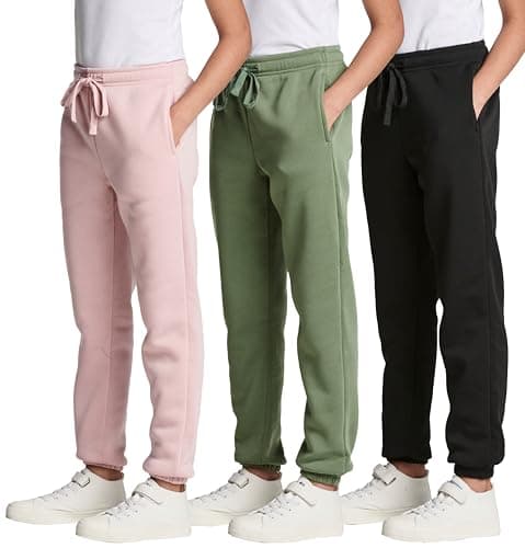 3 Pack: Girls Youth Kids Teen Fleece Joggers Soft Athletic Track Warmup Hiking Sweatpants Clothes Little Sports Pajama Kids Clothing Children Sweats Running Elastic Pants Basketball -Set 6, L (14)