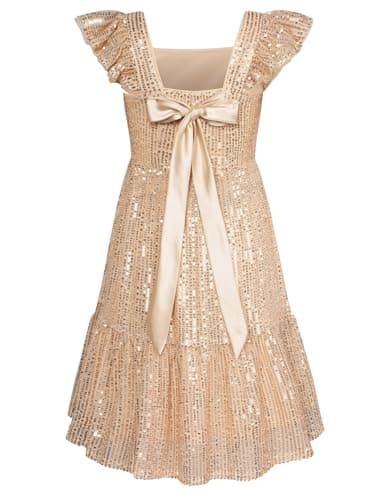 GRACE KARIN Girls Sequin Dress Flutter Sleeve A-Line Tie Back Sparkly Formal Party Dress for Girl 5-6 Years Gold