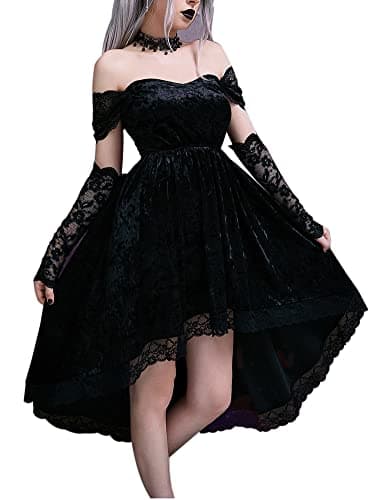 LANSHULAN Gothic Clothes Dress,Lace Mini Sleeveless Lace Draped Bodycon Goth Vintage Dresses Without Gloves Black