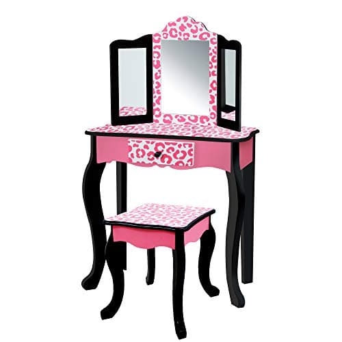 Teamson Kids Leopard Prints Wooden 2-pc. Play Vanity Set with Tri-Fold Mirror, Storage Drawer and Matching Stool to Play Dress-up, Princess or Beauty Shop, Black/Pink