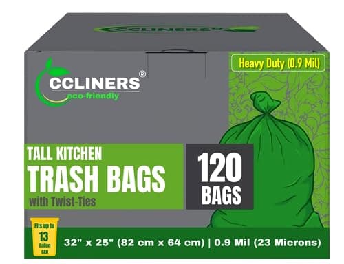 Tall Kitchen Eco-friendly Trash Bags 13 Gallon (120 Bags) Medium Green Garbage Bag 55 Liter Can Liners Portable Camping Toilet Bags Made With epi (TDPA-Totally Degradable Plastic Additives)