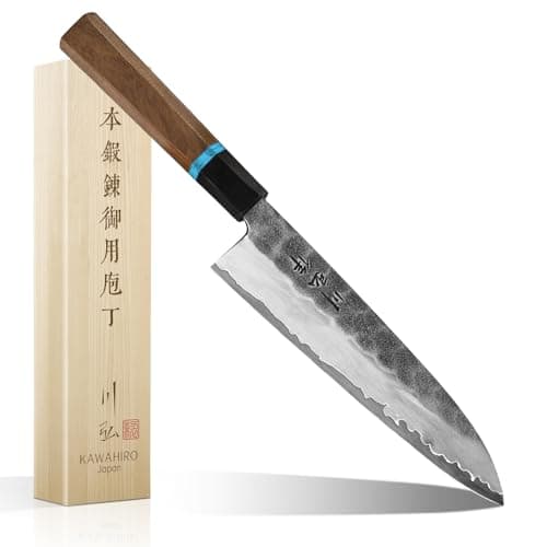 KAWAHIRO Japanese Chef Knife, 210mm Black Forged Kitchen Knife with Tri-Ply VG-10 Stainless Steel Blade, Professional Handcrafted Gyuto Chefs Knife, Ergonomic Handle Grip and Gift Wood Box