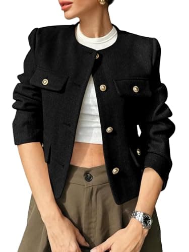 Cicy Bell Womens Cropped Tweed Blazer Jackets Collarless Button Down Business Casual Outfits with Pockets Black