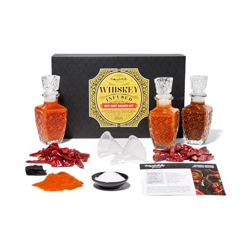 Thoughtfully Gourmet, Make Your Own Whiskey Infused Hot Sauce DIY Gift Set, Includes 2 Glass Decanters, Recipe Book, Gloves, 2 Funnels, Peppers, Spices and Seasonings (Contains NO Alcohol)