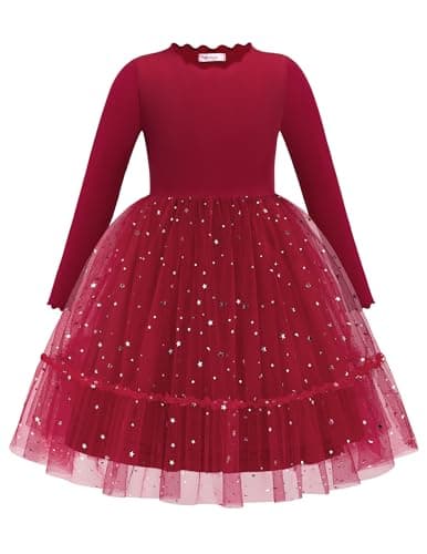 Arshiner Toddler Girl Tutu Dress Fall Winter Long Sleeve Star Sequin Party Tulle Red Christmas Dress