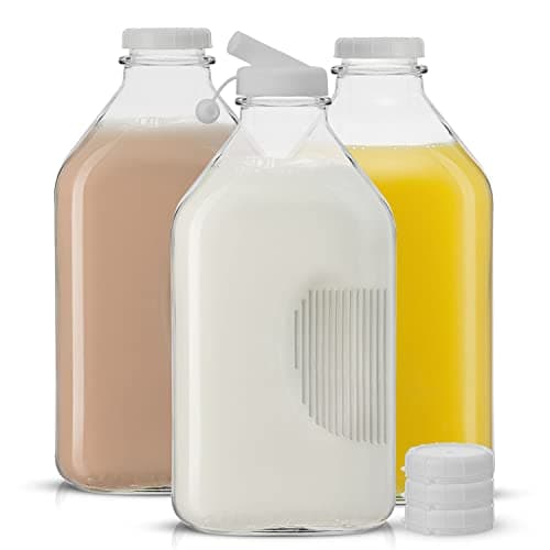 JoyJolt Glass Milk Bottles with Lids and Pourer – 64 Oz, 3 Pack Airtight Heavy Duty Reusable Glass Bottles, Leakproof, BPA-Free, Food Grade, Dishwasher Safe Jug, Pitcher for Milk, Juice, and Water