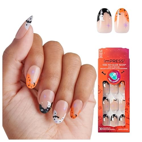 KISS imPRESS Halloween Press On Nails, ‘The Creeps’, Multicolored, Medium Oval, Glossy Finish, No Glue, Glow-In-The-Dark, Includes Prep Pad, Mini Nail File, Manicure Stick & 30 Fake Nails